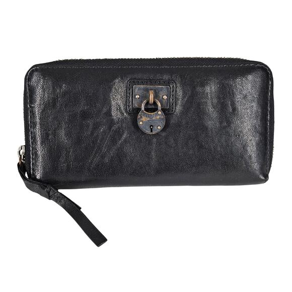 ALL SAINTS DARK BROWN ZIP-AROUND LEATHER WALLET ZIPPER 8" x 4" BRASS LOCK CHARM - Picture 1 of 12